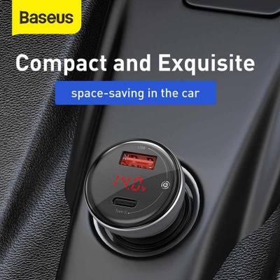 Baseus PPS adaptér do automobilu s displejem USB-C + USB-A 45W, šedá