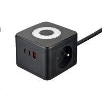 Viking síťový adaptér YC23L, 2x 230 V, 1x USB-A, 2x USB-C, dotykové světlo, délka 1,4 m, černá