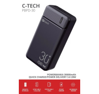 C-TECH Powerbanka 30000mAh, Li-Pol, 20W, USB-C/USB-A/micro USB