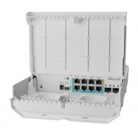 MikroTik CSS610-1Gi-7R-2S+OUT reverzní PoE switch, 8x Gigabit, 2x SFP+, 1x PoE out, 7x PoE in, 56Gbps