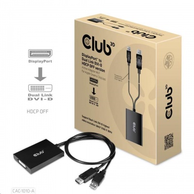 Club3D Adaptér aktivní DisplayPort na Dual Link DVI-D, USB napájení, 60cm, HDCP off