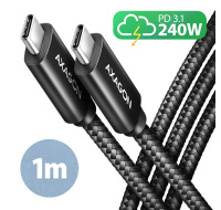 AXAGON BUCM2-CM10AB, CHARGE kabel USB-C <-> USB-C, 1m, Hi-Speed USB, PD 240W 5A, ALU, oplet, černý